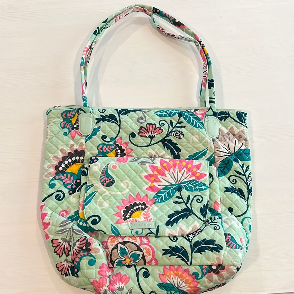 Vera Bradley Mint Flowers North South Tote Bag